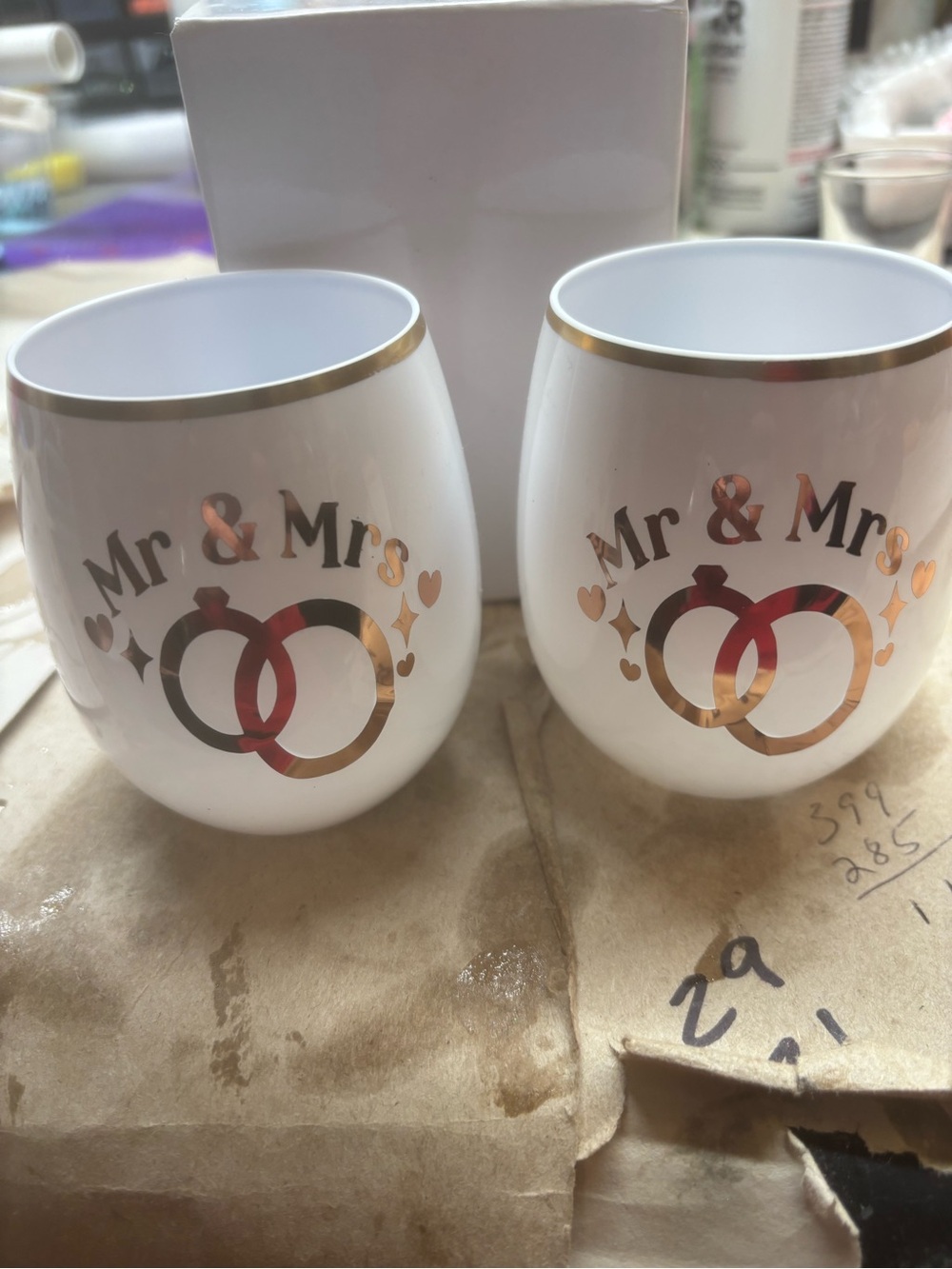 Mr & Mrs White Stemless Wine Tumblers with Gold Accents